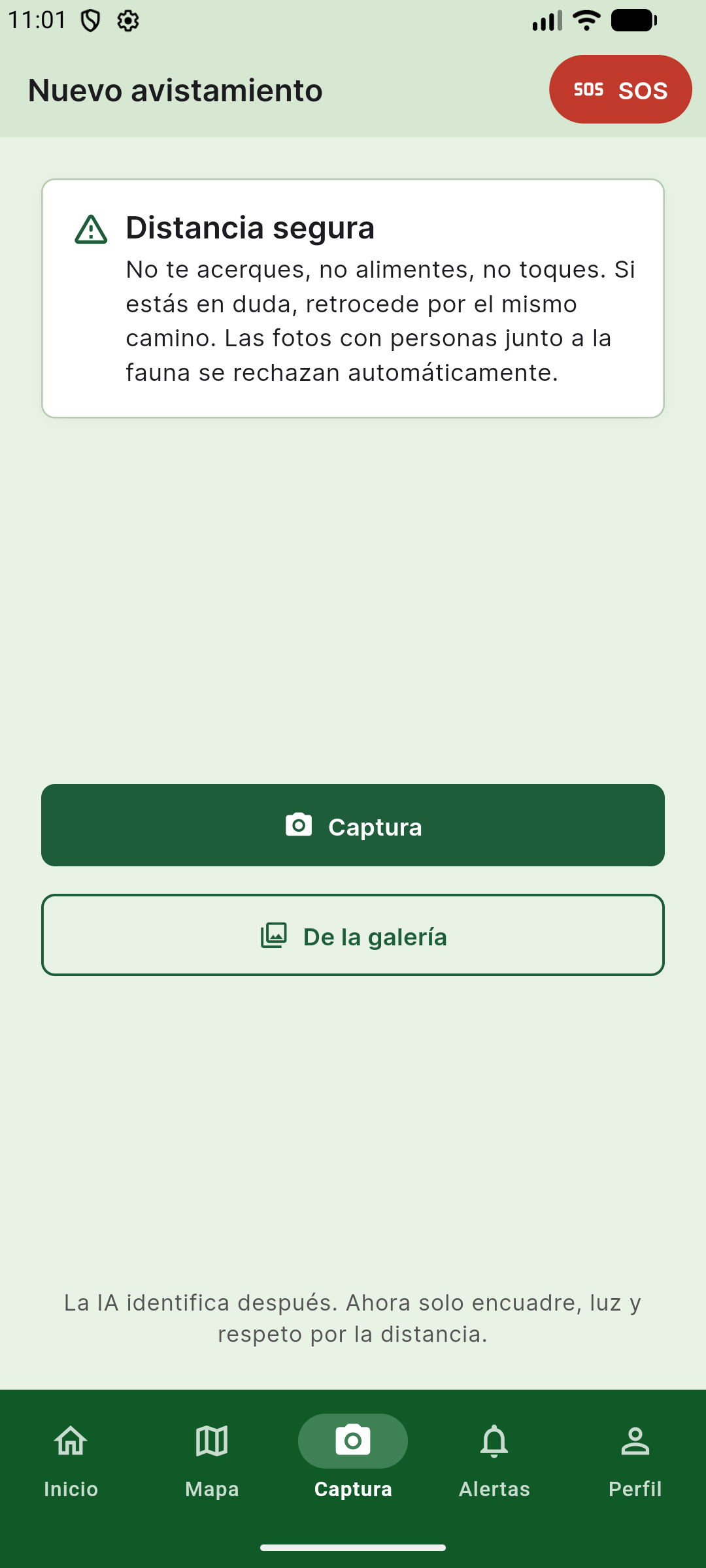 Pantalla de captura de WildVisor con aviso de distancia segura