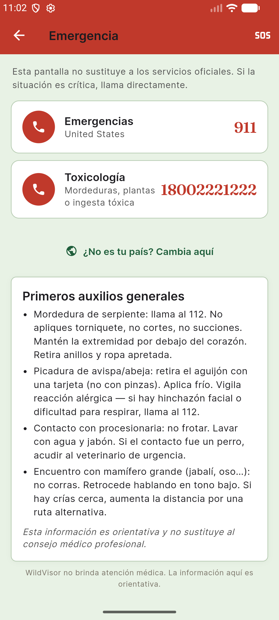 Pantalla de emergencia de WildVisor con número local y primeros auxilios