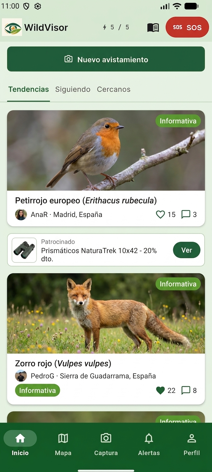 Pantalla de inicio de la app WildVisor