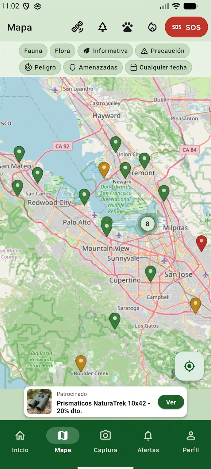 Mapa de WildVisor con filtros de fauna, flora y especies amenazadas