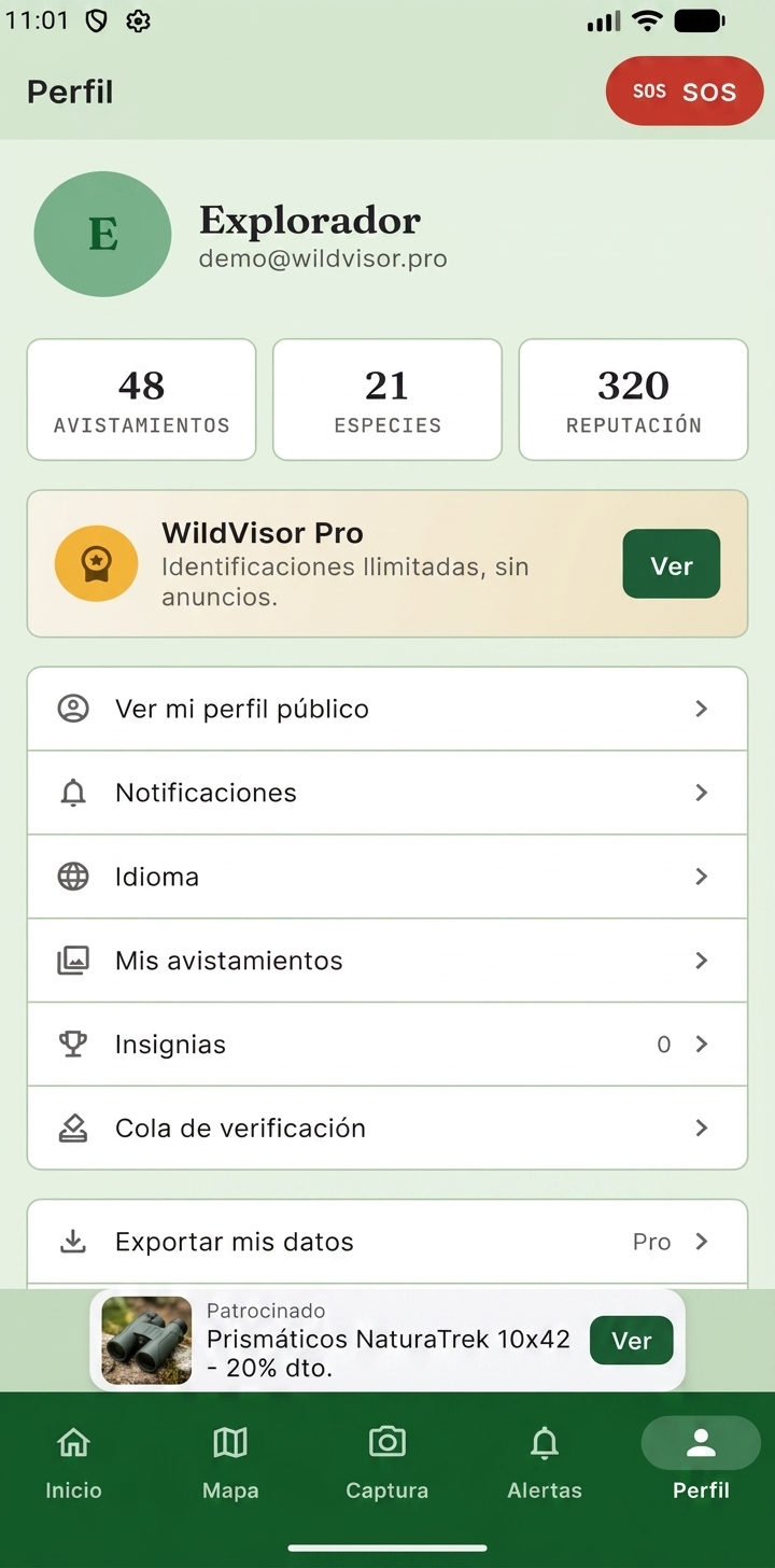 Perfil de usuario de WildVisor con estadísticas, insignias y verificación